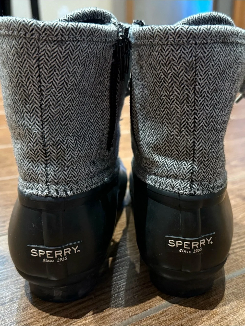 Sperry Black Rubber & Gray Herringbone Lace-Up Duck Boots